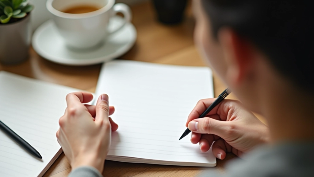 Close-up of hands writing notes on paper at desk with coffee cup, planning and organization, natural lighting