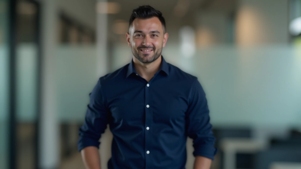 Professional man in business casual attire, confident posture, portrait from chest up, office setting with soft background