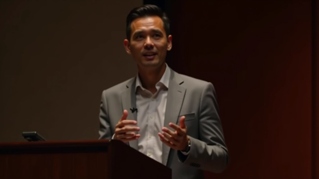 Man in professional attire speaking at podium with engaged expression, audience blurred in background