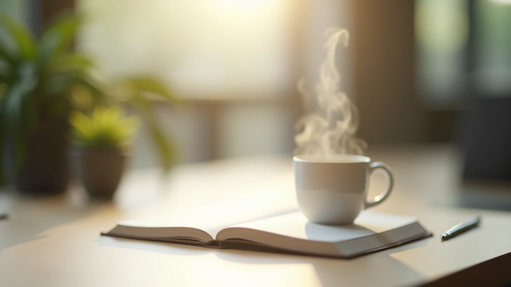 Organized workspace with journal, coffee cup, and pen on minimalist desk, morning light, calm environment