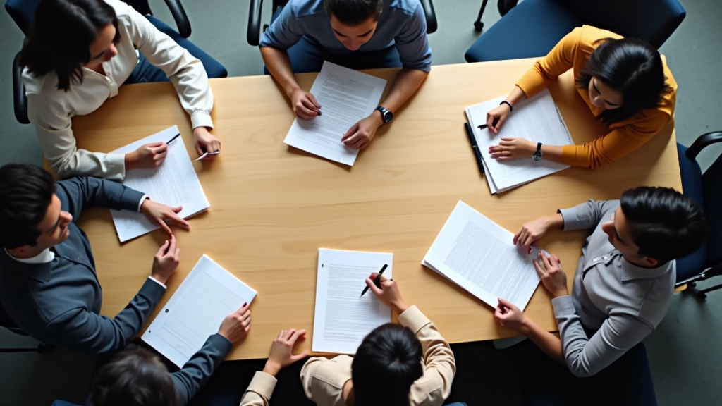 Overhead view of conference table with team members collaborating, papers and notebooks visible, bright natural light from above, crisp detail