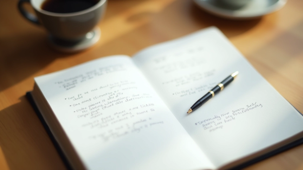 Close-up of hands writing in journal with pen on wooden table, morning sunlight