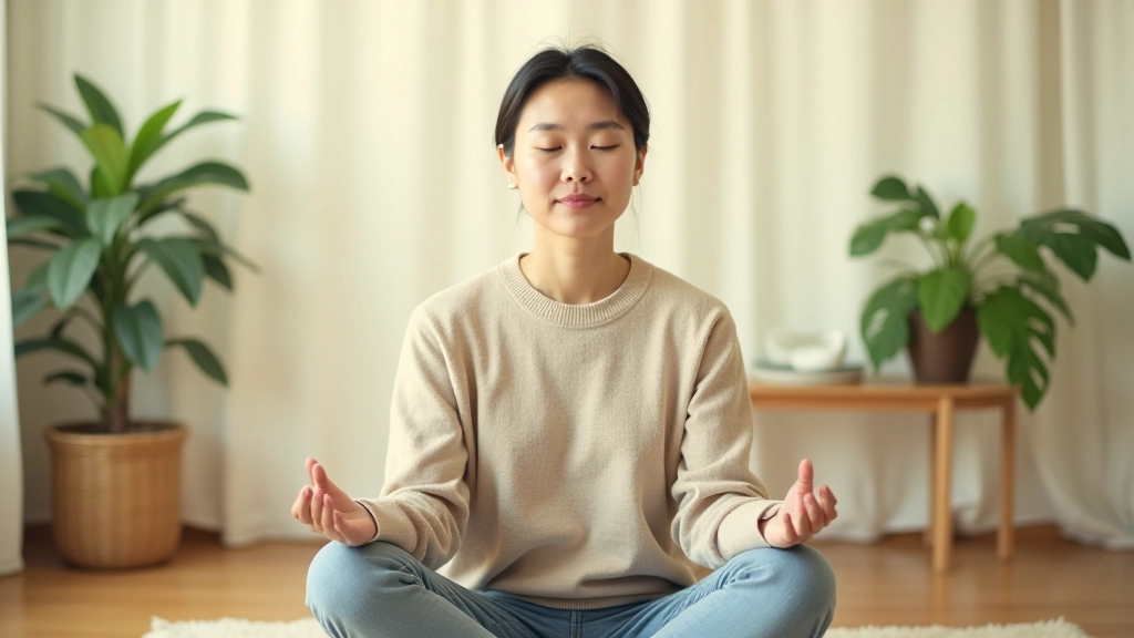 Person meditating in peaceful morning environment with natural light, serene expression