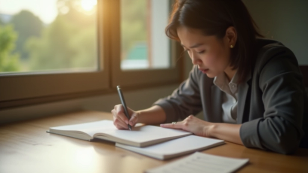 Person writing in journal at wooden desk with morning light, reflective moment, pen in hand, notebook open
