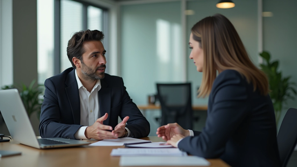 Two professionals in business meeting engaged in conversation at modern workspace, one gesturing while speaking, professional setting with calm expression