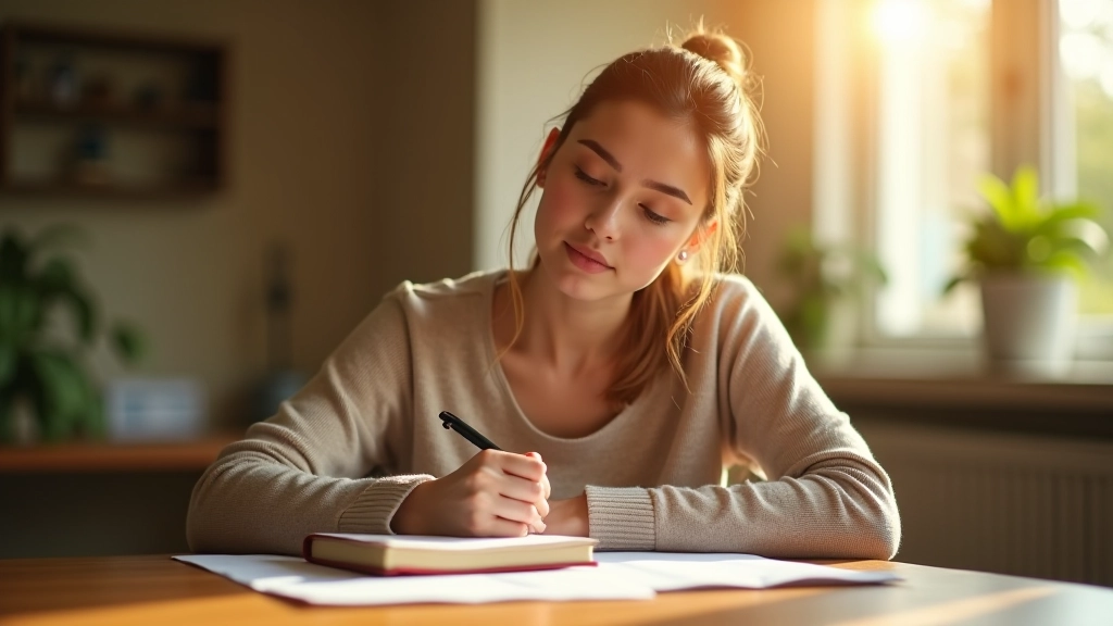 Woman writing in journal at desk with warm natural light, focused expression, morning routine
