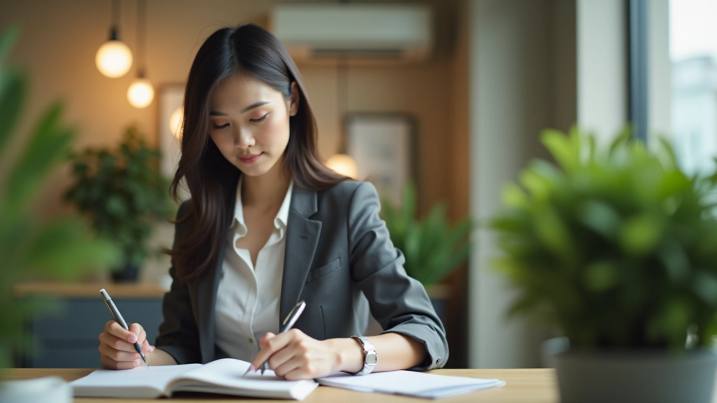 Close-up of woman writing notes in a professional notebook at her desk during brainstorming