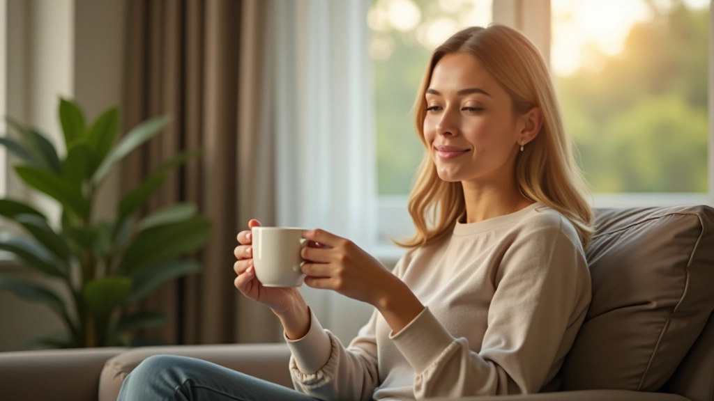 Woman sitting peacefully in comfortable chair with cup of tea, morning light, serene indoor space, mindful moment