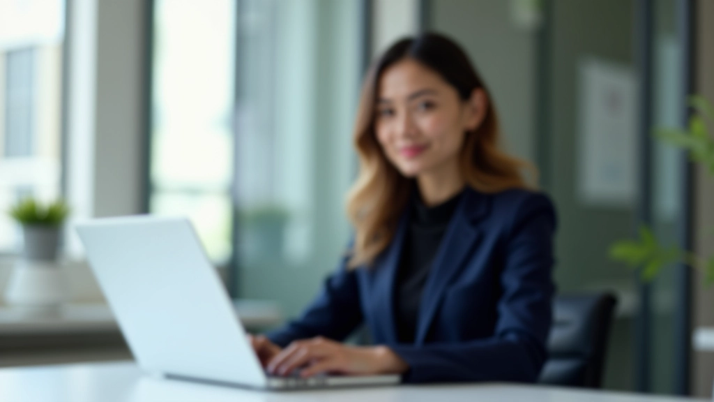 Woman in professional blazer sitting at office desk with confidence, natural daylight from window