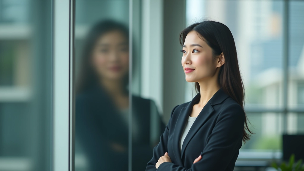 Woman standing confidently by a window in her office, looking out thoughtfully