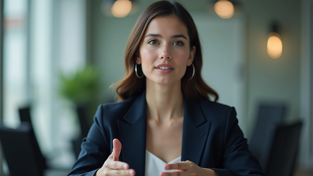 Woman in professional setting leaning forward engaged in conversation, collaborative workspace environment with colleagues in soft focus background
