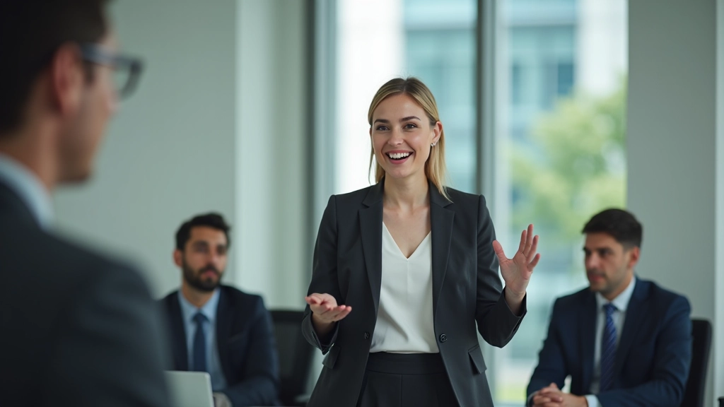 Two professionals in discussion, woman gesturing confidently while explaining her point