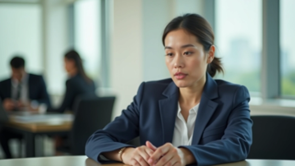 Woman at desk during professional meeting, confident posture, listening intently, bright office environment with natural light