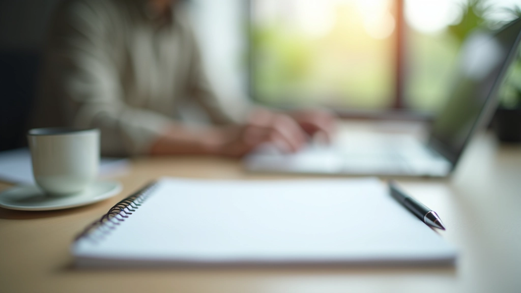 Professional workspace with laptop and notebook, person taking notes during planning session, morning natural light, focused and organized setting